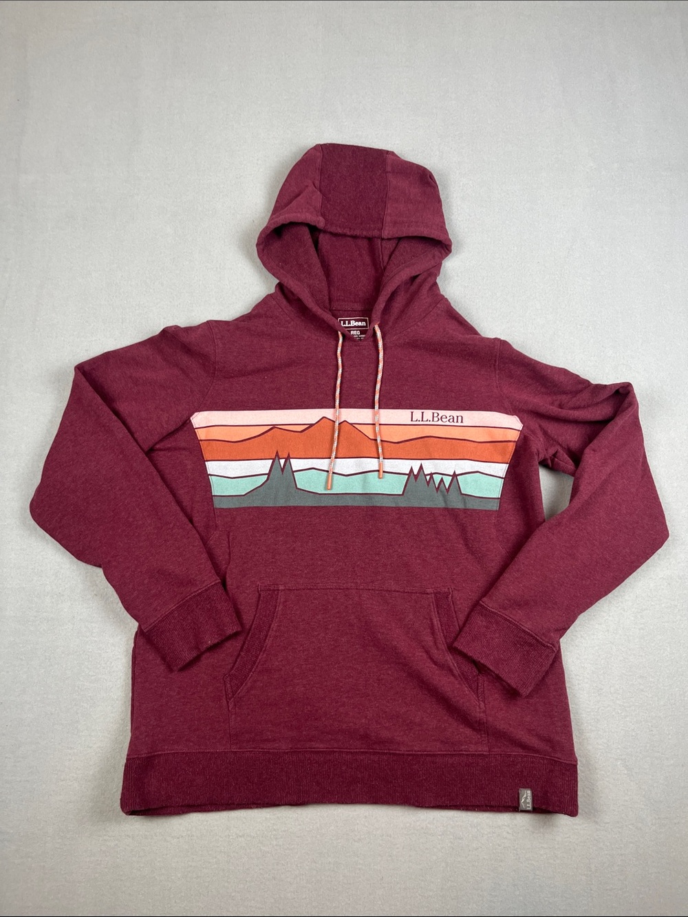 L.L. Bean women’s Maroon Pullover Hoodie with Mountain Stripe Graphic
Size: L